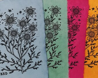 Seven Headed Flower Linoleum Block Print, Sunflower Linocut Art, Cute and Colorful Wall Decor