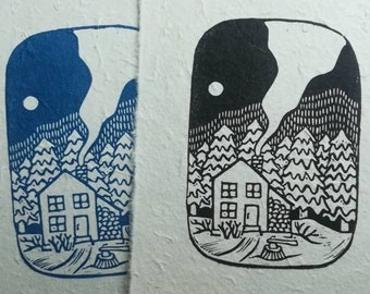 Cabin in the Woods Linocut Block Print, Cozy Winter Wall Art