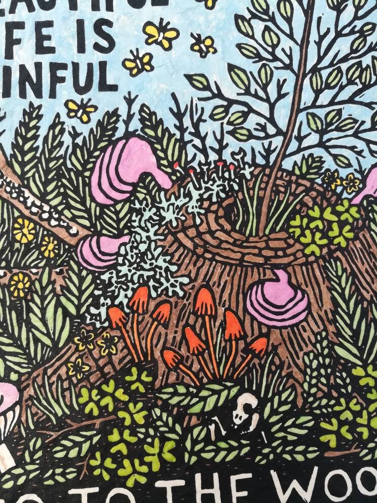 Contemplate Linocut With Watercolor Colorful Etsy