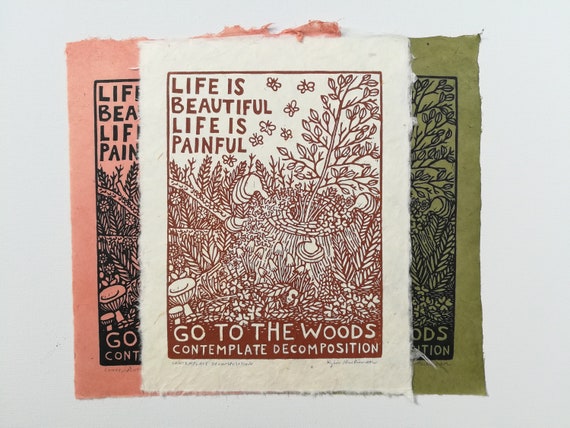 Contemplate Decomposition Linoleum Block Print, Colorful Hand Printed Wall Art for Nature Lovers