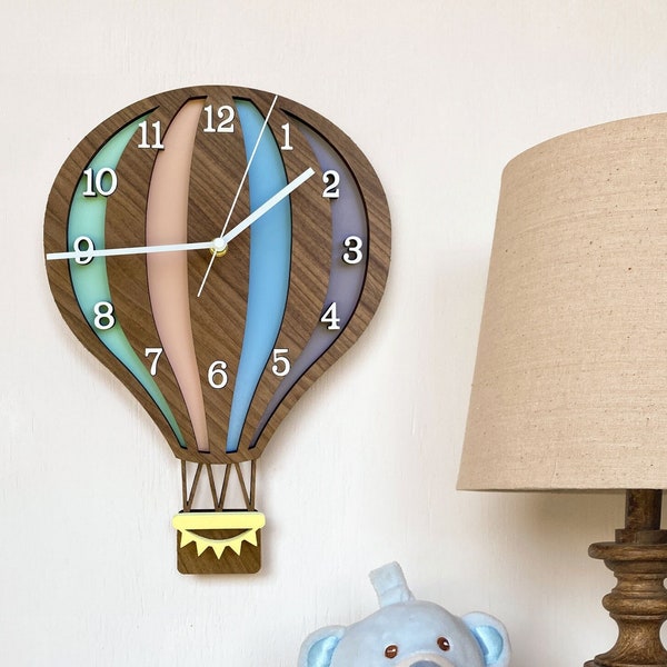 Hot Air Balloon Wooden Clock // Adventure, Travel themed room decor, rainbow nursery decor