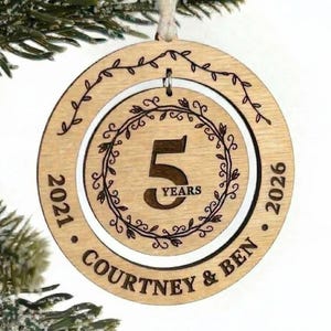 Personalized 5th Anniversary Wooden Ornament, Custom Engraved Keepsake