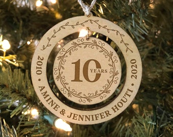 10 Year Anniversary Gift Ornament / Wooden Laser Engraved Christmas Ornament / Tenth 10th Anniversary Gift // Custom, Personalized