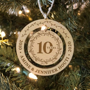 10 Year Anniversary Gift Ornament / Wooden Laser Engraved Christmas Ornament / Tenth 10th Anniversary Gift // Custom, Personalized