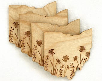 Ohio Floral Wooden Coaster Set (4) // State of Ohio Design // Wedding, Bridal Shower, Christmas House Warming Gift