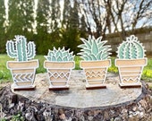 Set of 4 Wooden Faux Succulent Clay Pots Laser Cut Home Decor Small Wooden Shelf Sitter Bridal Shower Favors Wedding Favors