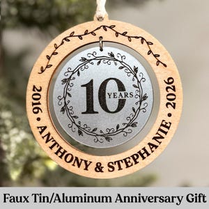 10 Year Anniversary Gift Ornament / Faux Tin Anniversary Gift / Personalized Faux Aluminum Gift