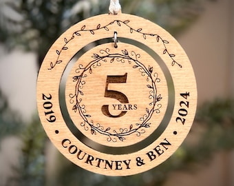 5th Anniversary Gift Ornament / Wooden Laser Engraved Ornament / 5th Anniversary Gift // Custom, Personalized