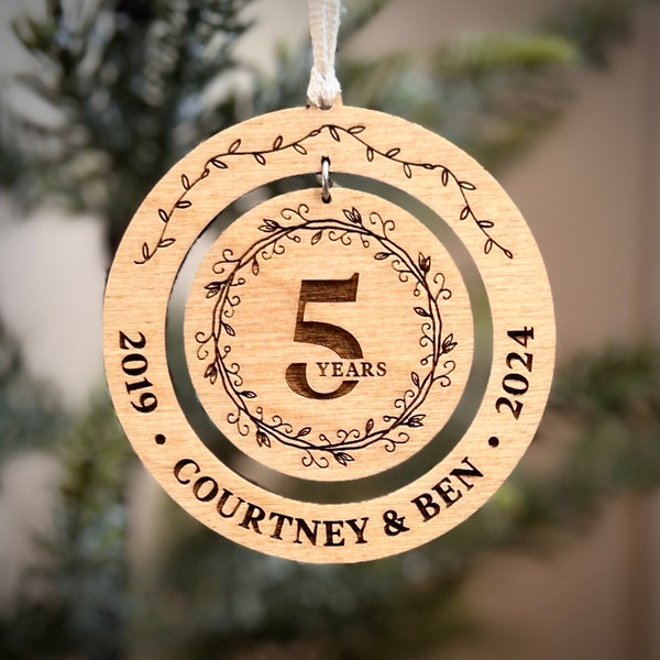 5th Anniversary Gift Ornament / Wooden Laser Engraved Ornament / 5th Anniversary Gift // Custom, Personalized