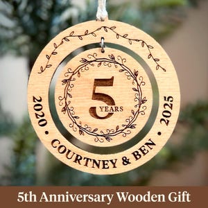 5th Anniversary Gift Ornament / Wooden Laser Engraved Ornament / 5 Year Anniversary Gift // Custom, Personalized