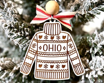 Ohio Christmas Ornament  // Ugly Christmas Sweater Ornament // Gift for the Buckeye Lover // Laser Cut Ohio Ornament