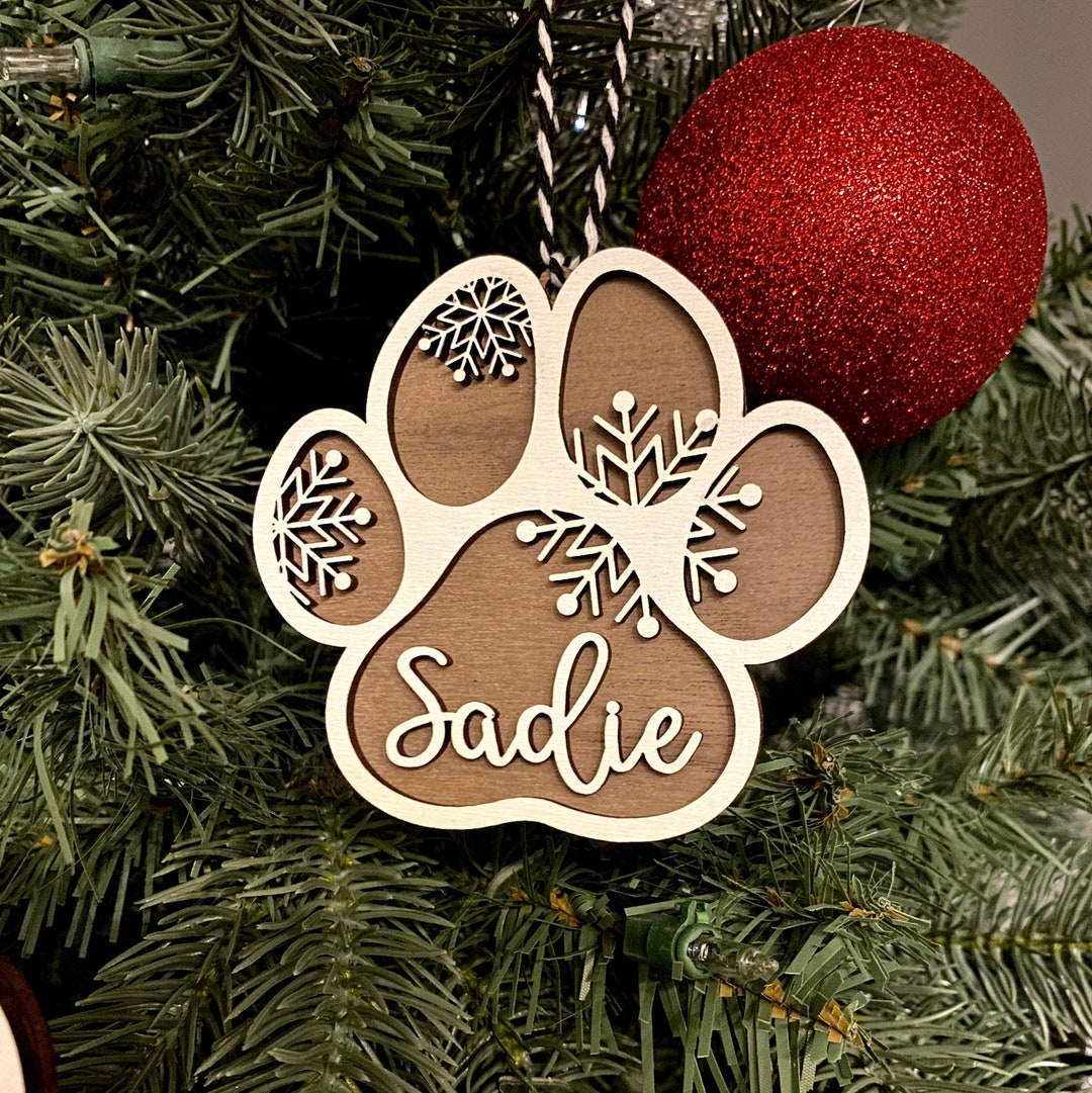 Custom Pet Ornament / Personalized Dog Paw Print Name Ornament / Wooden ...