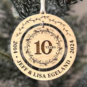 10 Year Anniversary Gift Ornament / Wooden Laser Engraved Christmas Ornament / Tenth 10th Anniversary Gift // Custom, Personalized