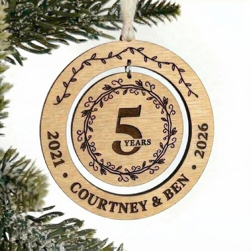 Personalized 5th Anniversary Wooden Ornament, Custom Engraved Keepsake