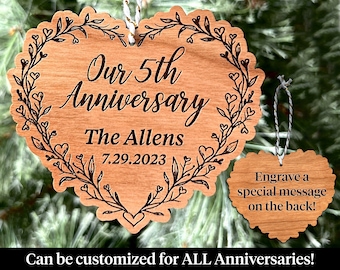 Personalized Anniversary Ornament, Engraved Wood Heart, Custom Date & Names, Keepsake Gift