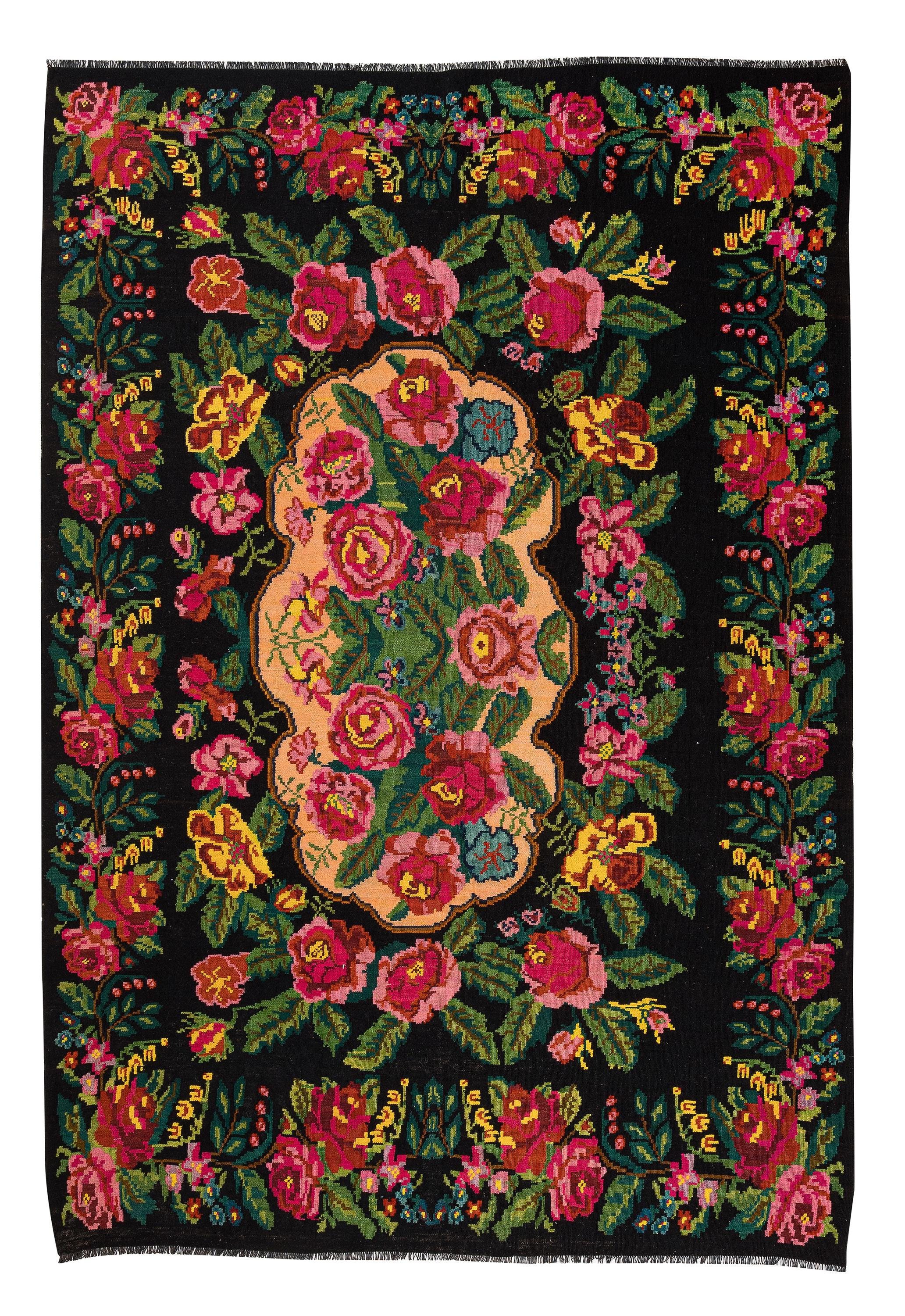 6.9x8.8 ft, Caucasian Rose Kilim Rug, 7x9 Black Handmade Rug, Decorative Moldovian Kilim, Floral Kilim, Large Kilim Rug, Karabagh Rug
