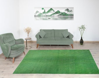 Green Overdyed Turkish Wool Rug: Hand Knotted Oushak Area Rug (6x9 ft)