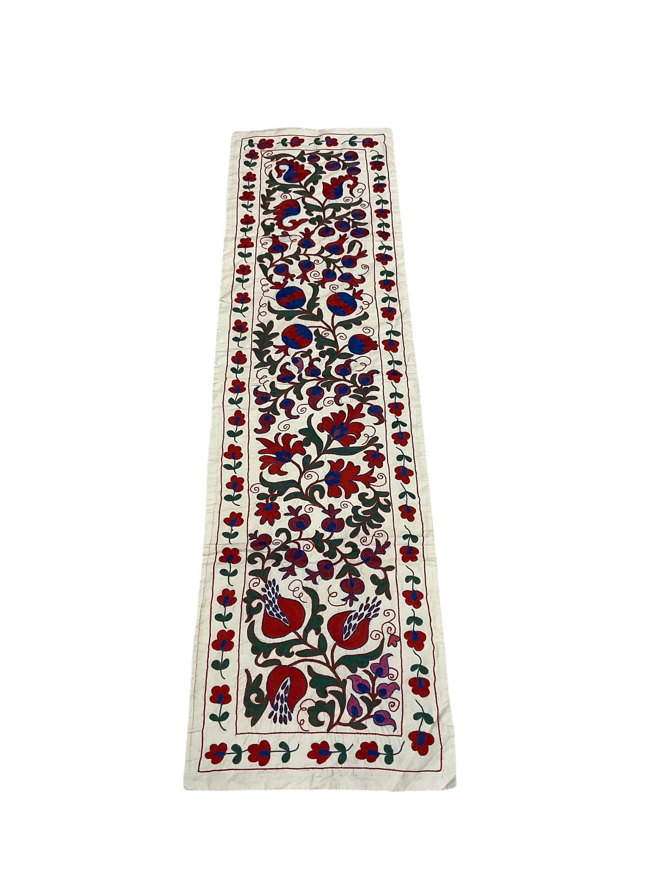 Handmade Silk Suzani Table Runner: Embroidered Uzbek Wall Decor