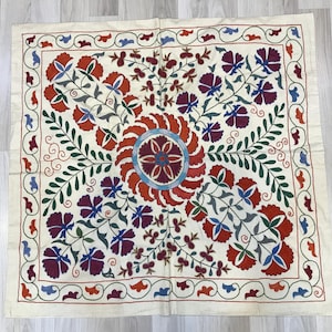 Silk Suzani Tablecloth: Hand Embroidered Uzbek Floral Throw 90x90