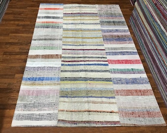 Turkish Cotton Kilim Rug Patchwork Rug with triped Pattern,Handmade Cotton Rug.