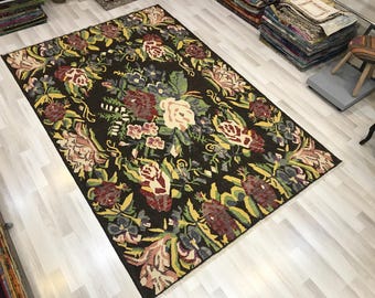 6’10” x 10’5”, HAND-WEAVES Karabagh floral rose kilim rug, Vintage caucasian black rug