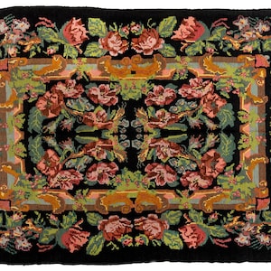 Black Floral Area Kilim Rug, Antique Wool Area Kilim Rug,Ukrainen Wool Kilim Rug,Moldavia kilim rug, Kitchen Rug,Office Rug, Tapestry Rug