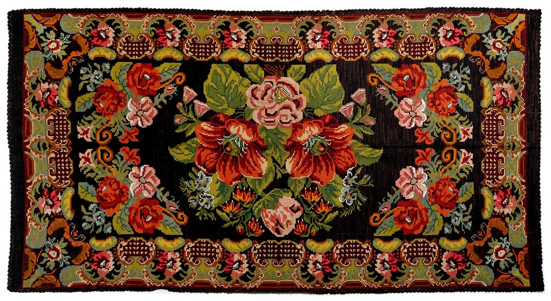 Floral Bessarabian Rug: Handknotted Wool, 12x6 Ft Vintage Turkish Kilim ...