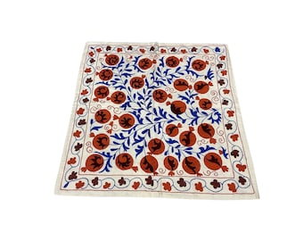 Vintage Tablecloth, Wall Tapestry, Suzani Table Cloth, Vintage Pomegranate, Suzani Silk Embroidery, Uzbek Throw, Square Silk Suzani, 90x90