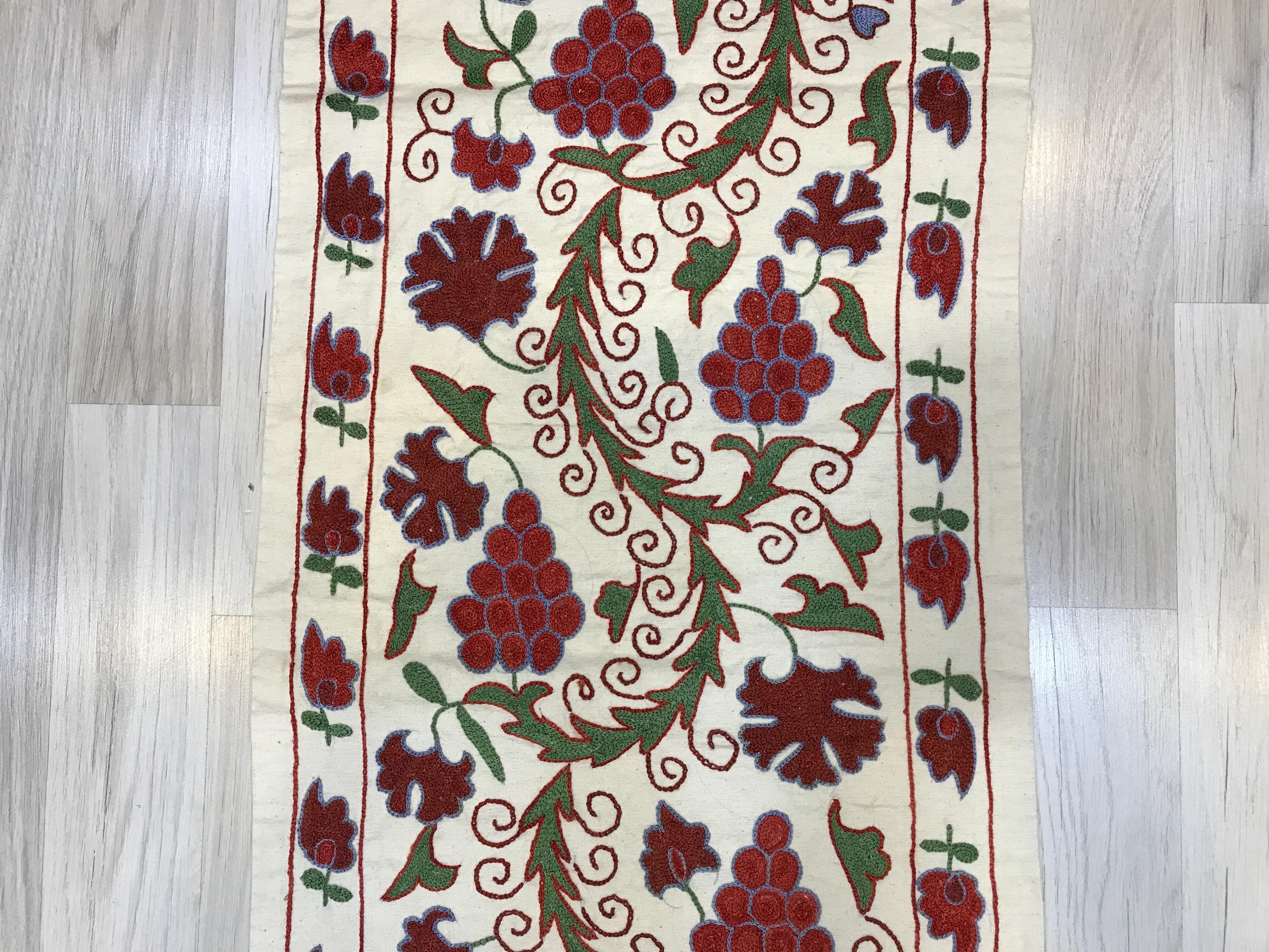 Grapes Suzani Table Runner: Hand Embroidered Uzbek Silk Wall Decor