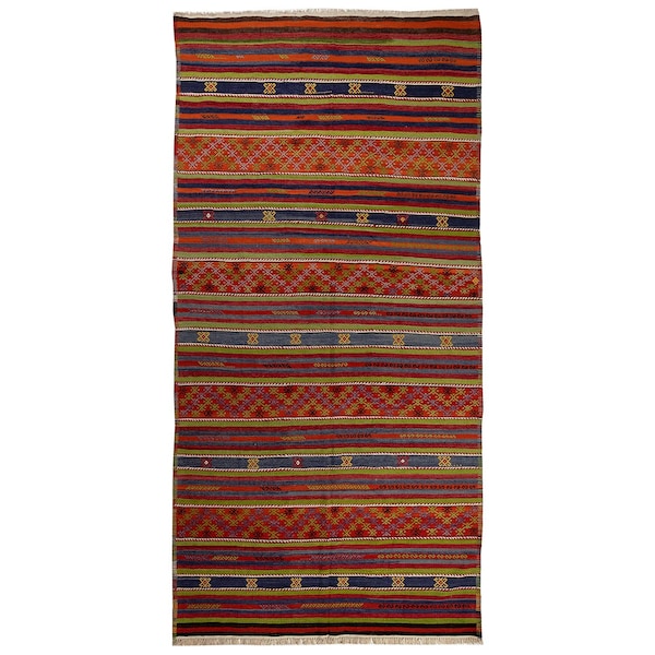 5.9 x 11.4 feet,Turkish vintage wool striped  kilim rug,Handmade vibrant colors rug, Wide Runner,Kitchen Rug, Hallway Rug