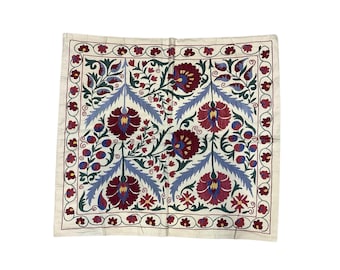 Handmade Suzani Tablecloth: Vintage Uzbek Embroidery Wall Hanging (90x90 cm)