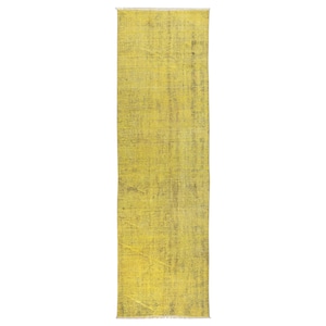 Yellow Green Overdyed Wool Runner Rug: Turkish Oushak, 8.8 x 2.7 ft