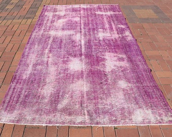 7x10 rug,Turkish vintage overdyed Purple abstract pattern wool rug,Handmade floor rug.