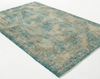 Abstract Overdyed Turkish Rug Turquoise