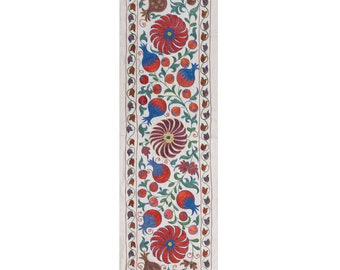 Hand Embroidered Table Runner, Uzbek Silk Suzani Runner Table Cloth, Handmade Silk Suzani, Silk Table Cover, Silk Wall Decor, 46x189 cm