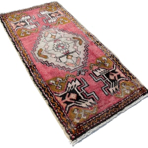 Hand Knotted Wool Turkish Rug: Small Vintage Geometric Entry Rug
