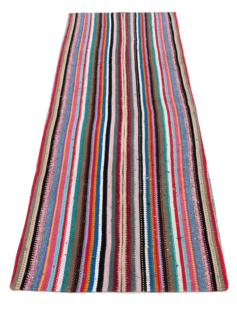 May include: A colorful striped rug with a variety of colors, including red, blue, green, and yellow. The rug is made of woven fabric and has a long, rectangular shape.
