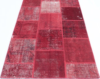 Handwoven Style Area Rug, Red Patchwork Cotton Carpet With Tassels - Etsy