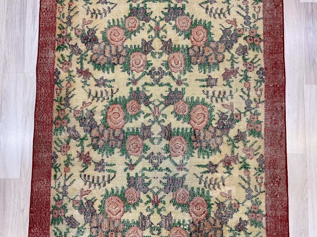 3.8x 7 Feet, Turkish Handmade Vintage Worn Floral Runner Rug, 4x7