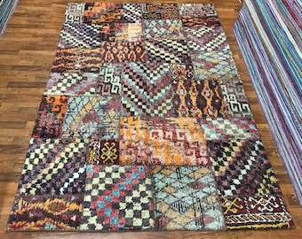 Handmade Wool Patchwork Rug: Vintage Turkish Berber Style (9.8 x 6.6 ft)