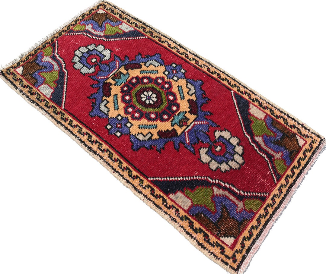 Small Red Turkish Rug: Vintage Wool Bath Mat (2.9 X 1.5 Ft) - Etsy