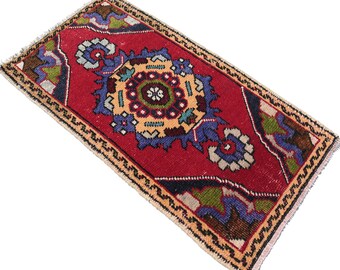 Alfombra turca roja pequeña: alfombra de baño vintage de lana (8,7 x 4,5 m)