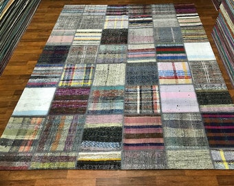 Alfombra de patchwork de algodón turco hecha a mano: alfombra vintage (2,9 x 2,3 m)