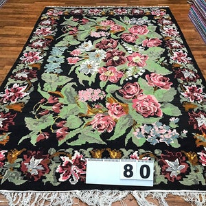 6.2x10.4 ft,Antique Kilim Rug, Floral black area Rug,Handmade wool rug, Caucasian black rug