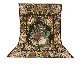 6’10” x 10’5”, HAND-WEAVES Karabagh floral rose kilim rug, Vintage caucasian black rug