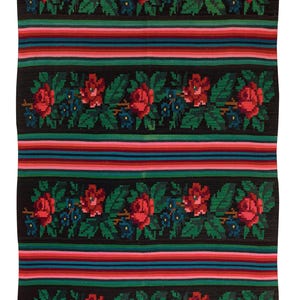 Black Floral Wool Kilim Rug, Rose Carpet, Moldavia Kilim Rug, Bessarabian Antique Kilim Rug, Handmade Wool Kilim Rug
