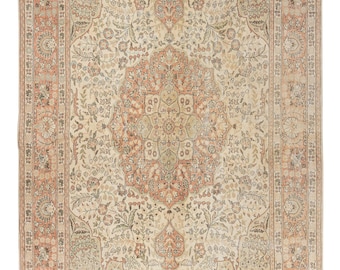 Oversize Turkish Wool Oushak Rug: 8.4x12.1 ft Hand-Knotted Vintage Floral Carpet