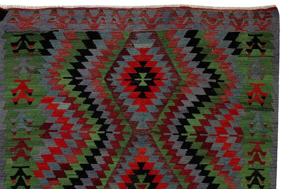 Retro 70s Style Checker Turkish Rug, Geometric Shape Area Rug 