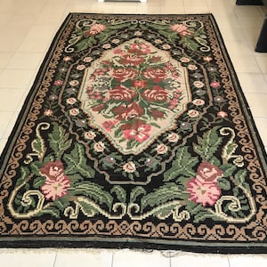 7x 10 feet, Handmade Vintage  Floral Black Rug, Antique Caucasian Flat Weave Kilim Rug, Vintage Wool Bessarabian Handwoven Rug