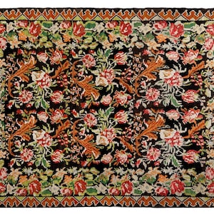 6.8x9.6 feet,Antique wool floral black area rug,Moldavia kilim rug,Bessarabian Floral Rug,